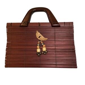 Bamboo Wood Purse Handbag Wooden Handle Beaded Leaf Accent‎ Unique Bag EUC